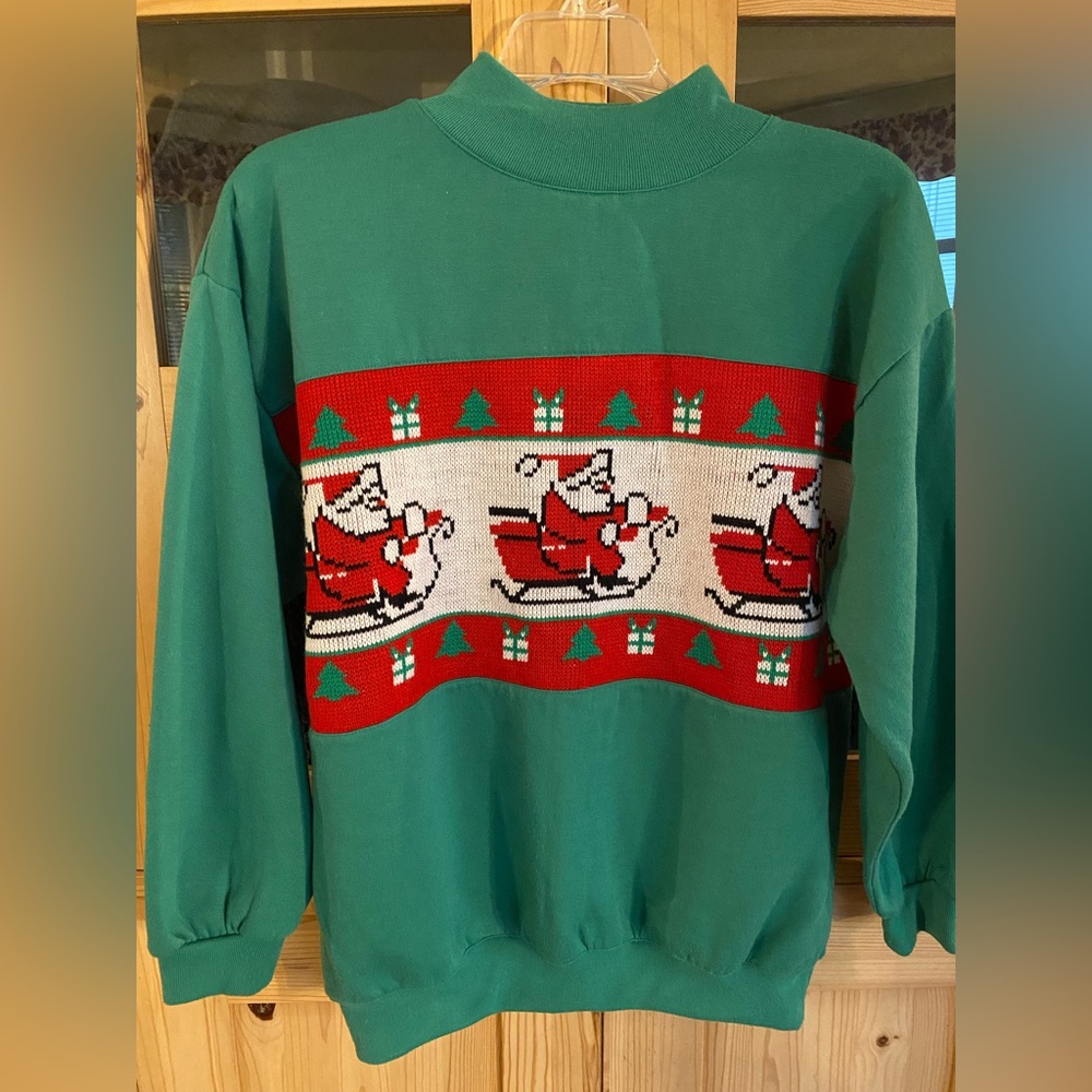 Festive Green Crewneck Sweater with Santa Design